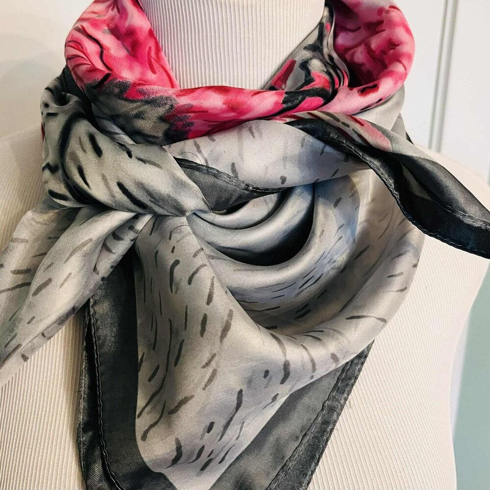 Vintage Faux Silk Scarf — Abstract Floral Art Design (1990s, Made in China)